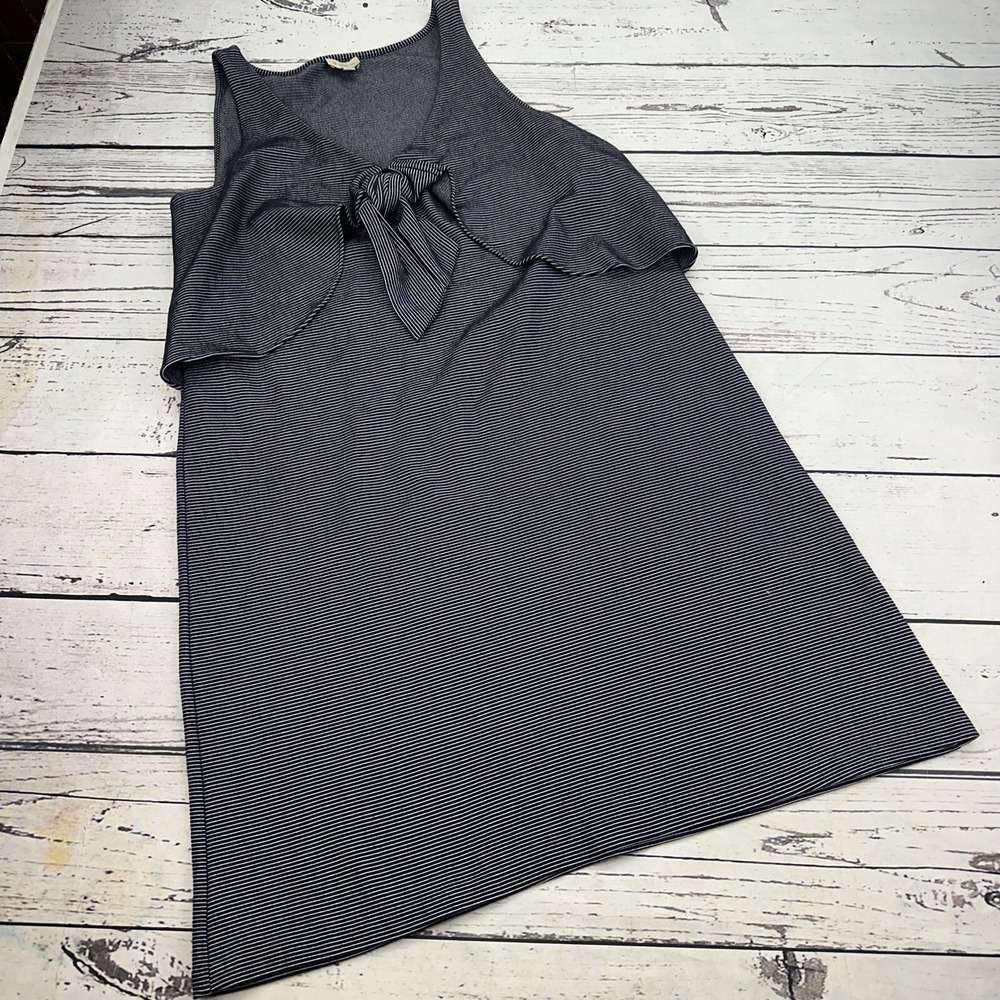 Cremieux Womens Striped Tie Neck Tank Dress Navy White Knit Shift Midi Size S